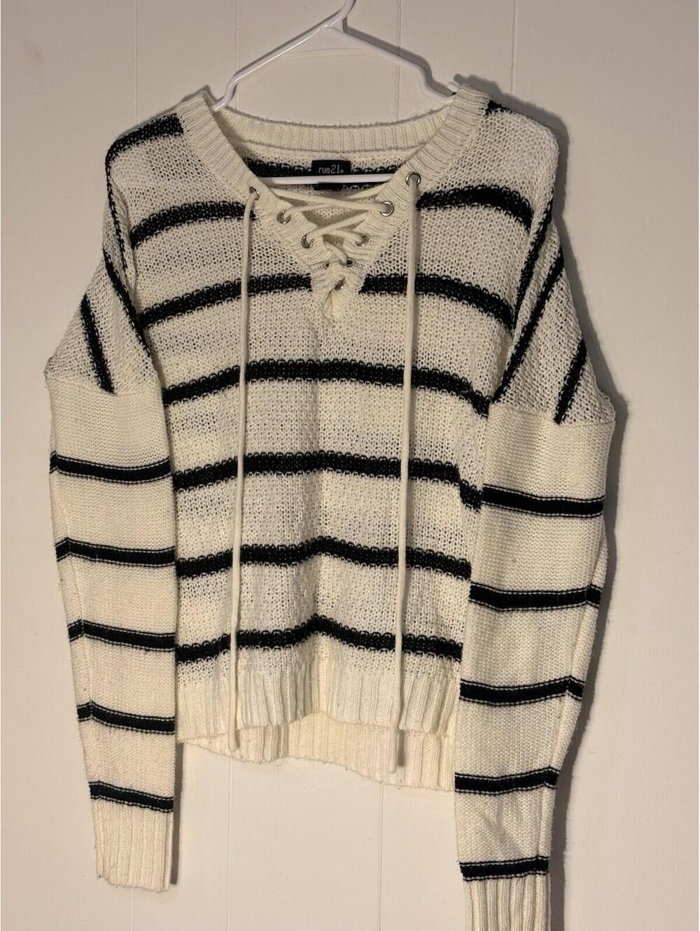 Rue 21 Lace Up Cable Cute Cozy Knit Sweater Black & White Striped Women’s Size M